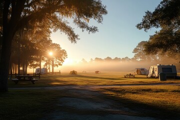 Serene sunrise at a tranquil campground with gentle light illuminating the landscape © Dream maker