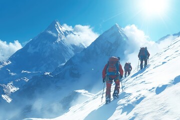 A group of mountaineers, equipped with backpacks and ice axes, traverse a snowy mountain slope towards a majestic peak.