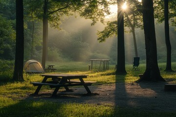 Serene sunrise at a tranquil campground with gentle light illuminating the landscape © Dream maker