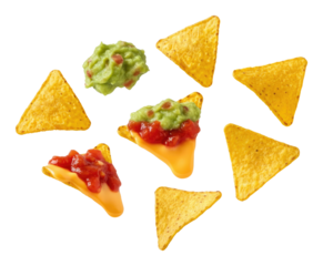 Tortilla chips with cheese dip, salsa, and guacamole on transparent background