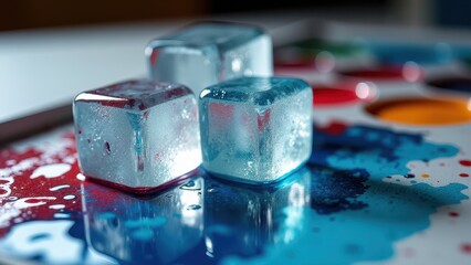 Two melting ice cubes on a colorful wet surface with water droplets	