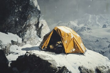 Tent pitched on snowy ledge while mountaineers seek refuge from harsh winter conditions © Dream maker