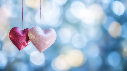 Obraz premium Suspended delicate pink glass heart ornament catching soft light, creating a romantic and dreamy visual composition with a blurred wintery background