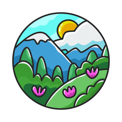 illustration of a mountain landscape with flowers and pine, colorful mountain landscape round shaped for emblem or pin,