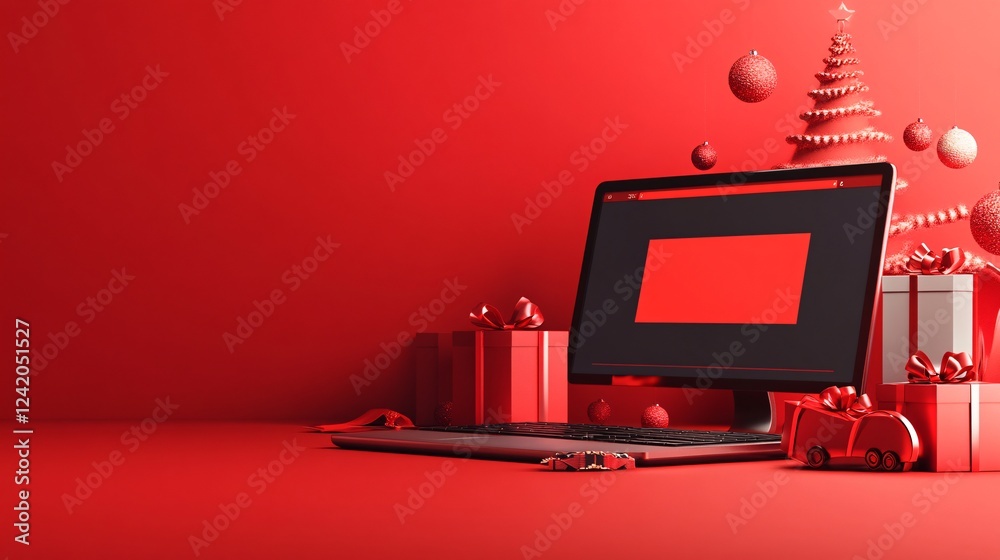 Poster computer display with christmas decorations against a festive red backdrop