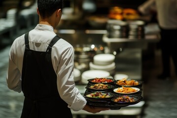 Waiter skillfully balancing a tray of drinks and food while moving gracefully through a busy restaurant © Dream maker
