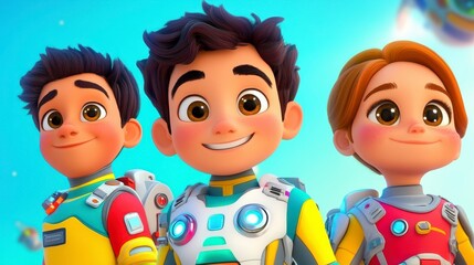 Happy Animated Kids in Space Suits with Colorful Background