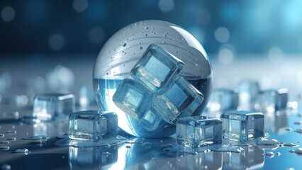 Transparent ice sphere surrounded by melting ice cubes on a reflective surface	