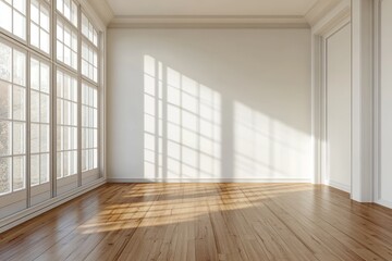 Obraz premium Sunlit empty room with hardwood floor, large windows, and white walls.
