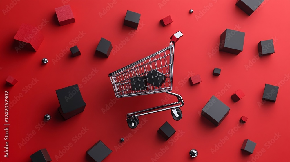 Poster black friday concept with shopping cart and black boxes on a red background