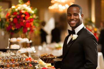 Waiter serving food to guests in a casual dining setting with a friendly interaction during the evening hours © Dream maker