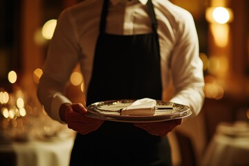 Waiter serving food to guests in a casual dining setting with a friendly interaction during the evening hours © Dream maker