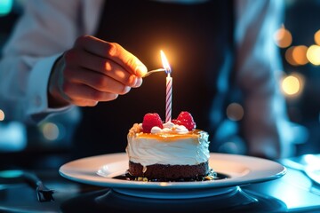 Waiter delivering a birthday dessert with candle to a guest in a cozy dining setting for a special celebration © Dream maker