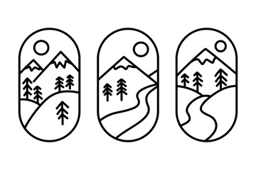 Outline mountains landscapes illustration set for apparel design or sticker, black and white mountain hill illustration.