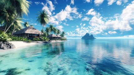 Fototapeta premium Tropical paradise with clear turquoise water and thatched roof huts on white sand beach