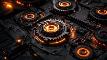 Fototapeta premium Glowing orange gears, intricate mechanism, dark background, technology concept