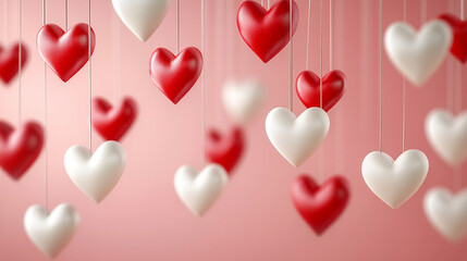 Floating glossy red and white 3D heart balloons suspended in mid-air against a pastel pink background, creating a festive and romantic ambiance