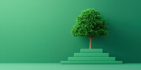 Obraz premium A vibrant green scene featuring a stylized tree standing on a tiered platform against a solid green background.