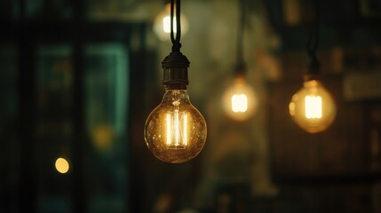 Close-up of vintage-style light bulbs hanging, casting a warm glow against a softly focused background of out-of-focus teal and amber bokeh.