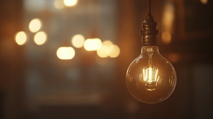 Close-up of vintage-style light bulbs hanging, casting a warm glow against a softly focused background of out-of-focus teal and amber bokeh.