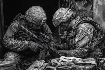 Soldiers conduct thorough inspection of equipment and weapons prior to mission deployment in a military training environment © Dream maker