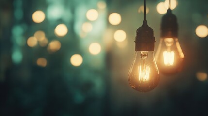 Close-up of vintage-style light bulbs hanging, casting a warm glow against a softly focused background of out-of-focus teal and amber bokeh.