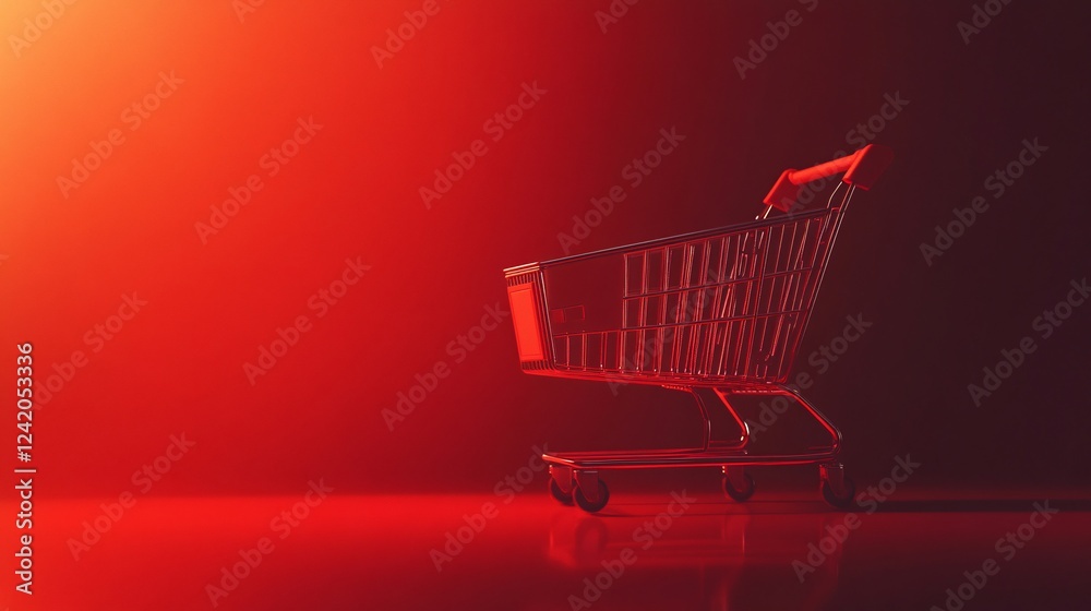 Poster bright red light shines on an empty shopping cart