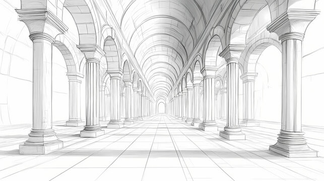 A detailed architectural sketch depicting a series of arches and columns in a spacious corridor. Perspective Depth Techniques. Illustration