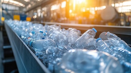 Close-up view of various blue and green plastic water bottles on a conveyor belt in a recycling facility.