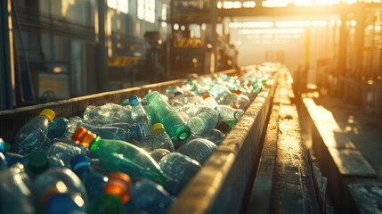 Close-up view of various blue and green plastic water bottles on a conveyor belt in a recycling facility.