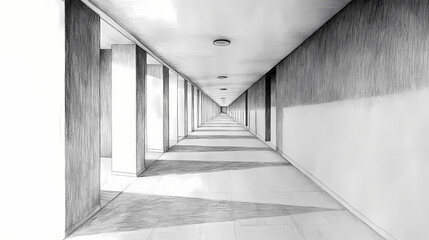 A detailed perspective drawing of a long corridor emphasizing depth and vanishing points. Perspective Depth Techniques. Illustration