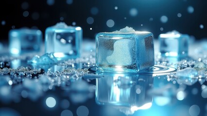 Fresh ice cubes melting on a reflective surface with water droplets	