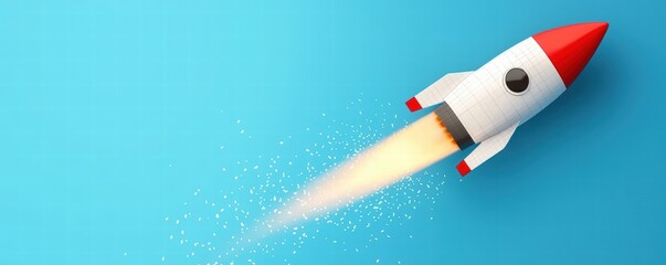 A colorful rocket is launching upwards against a bright blue background, leaving a trail of sparks, symbolizing innovation and progress.
