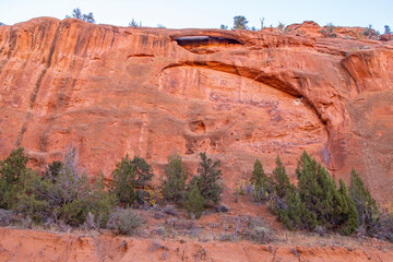 USA, Utah, Grand Staircase Escalante National Monument. Sandstone wall and arch above trees.