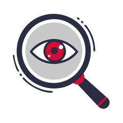 Magnifying glass icon graphic design featuring eye symbol in gray and red colors