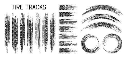 Grunge tire tracks, wheel braking marks. Truck, car or motorcycle tread pattern silhouettes. Auto race, motorsport, speed racing design element. Vector illustration © 32 pixels
