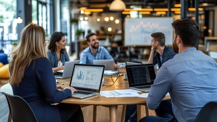 Business Team Collaborating Around a Table With Laptops Displaying Data Charts and Code, Engaged in Discussion in a Modern Open Office With Bright Lighting and a Whiteboard in the Background