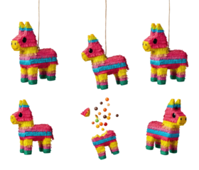 Colorful donkey-shaped pinata being broken and releasing candy Represents festive celebration
