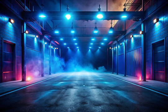 Neon-lit alleyway, smoky night scene, industrial backdrop, car racing game background