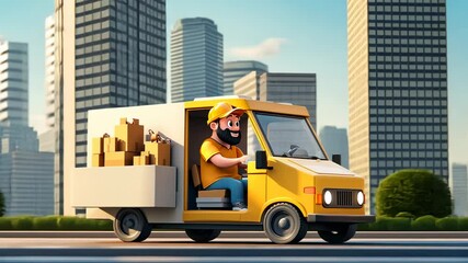 Joyful Delivery Driver in a Yellow Van
