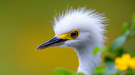 Obraz premium Snowy egret portrait, vibrant foliage, nature