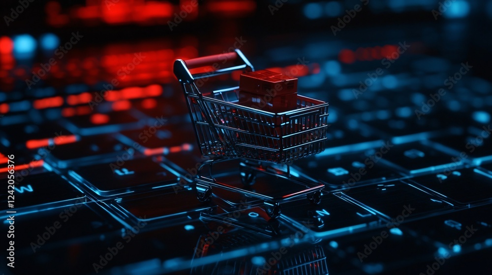 Aufkleber Miniature shopping cart filled with cardboard boxes resting on laptop keyboard glowing with red and blue light, symbolizing online shopping and e-commerce