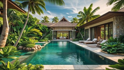 Luxurious tropical villa with swimming pool and lush surroundings in bright sunlight
