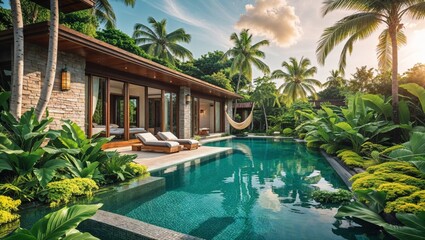 Fototapeta premium Tropical villa with pool surrounded by lush greenery and palm trees at sunset