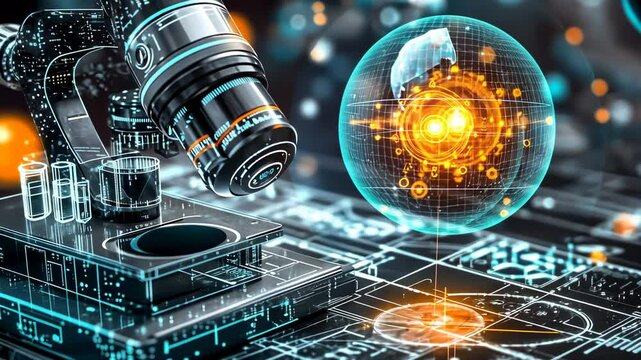 Microscope and Futuristic Holographic Globe: A Glimpse into Advanced Scientific Research