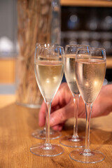 Tasting sparkling white wine, traditional champagne method making of cremant in caves on Moselle river valley in Luxembourg, wine tour and visiting caves