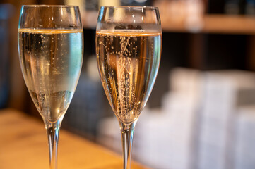 Tasting sparkling white wine, traditional champagne method making of cremant in caves on Moselle river valley in Luxembourg, wine tour and visiting caves
