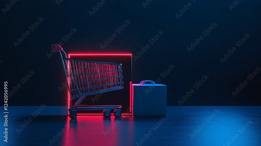 Poster shopping cart is standing next to a blank box with neon lights glowing in the background