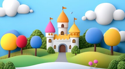 Fototapeta premium Colorful Fantasy Castle in a Whimsical Cartoon Landscape Scene