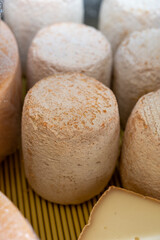 Weekly farmers market in Sarlat-la-Caneda, Dordogne, french cheeses from farm, small goat cheese tommette from Pyrenees